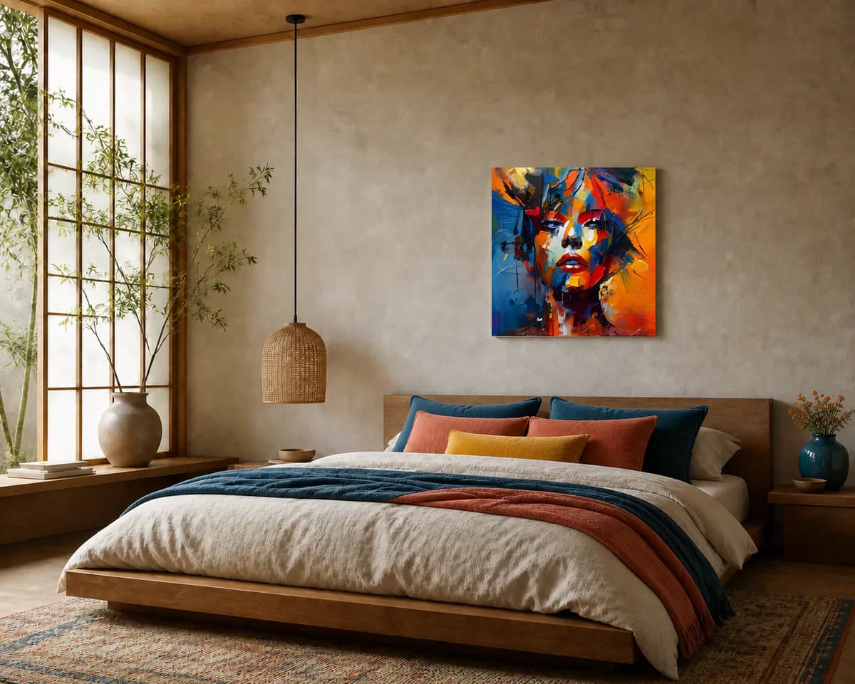 One Face, Two Worlds displayed in a bedroom