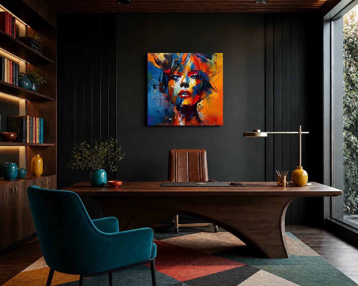 One Face, Two Worlds displayed in a office